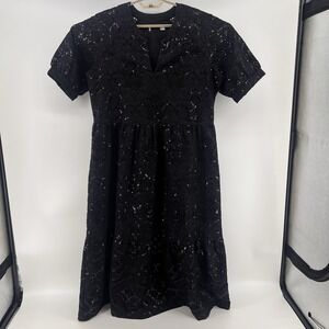 Chico's Sequin Eyelets Tiered Dress Size 1 US 8 Boho Cottage Whimsy Floral Black